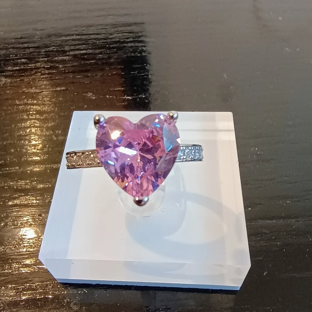 Pink Cubic Zirconia Heart Cut Ring Size 6-10 Silver Tone